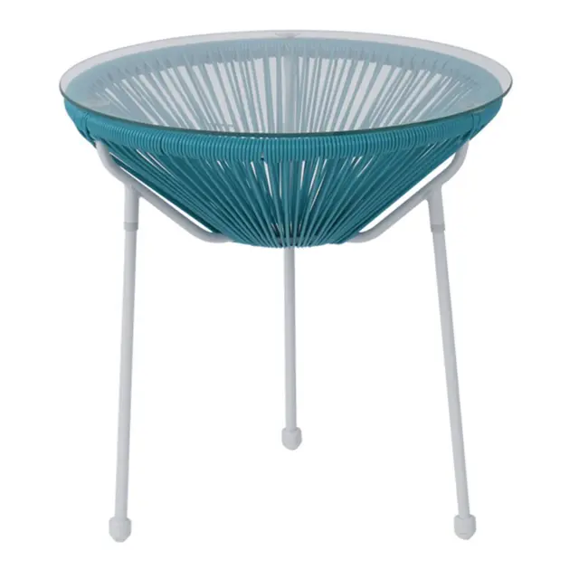 Τραπέζι ACAPULCO Φ.50cm Μεταλλικό Άσπρο, Plastic Rattan Μπλε