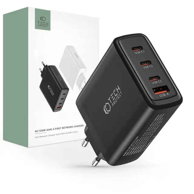 Tech-Protect Φορτιστής NC100W-GAN GaN 3x USB-C PD 100W / USB-A QC 3.0 Black