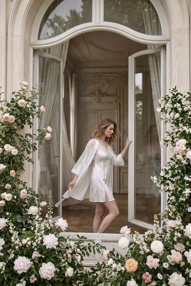 Miss Rosy Σατέν Νυφική Ρόμπα Δαντέλα Μανίκια Ιβουάρ