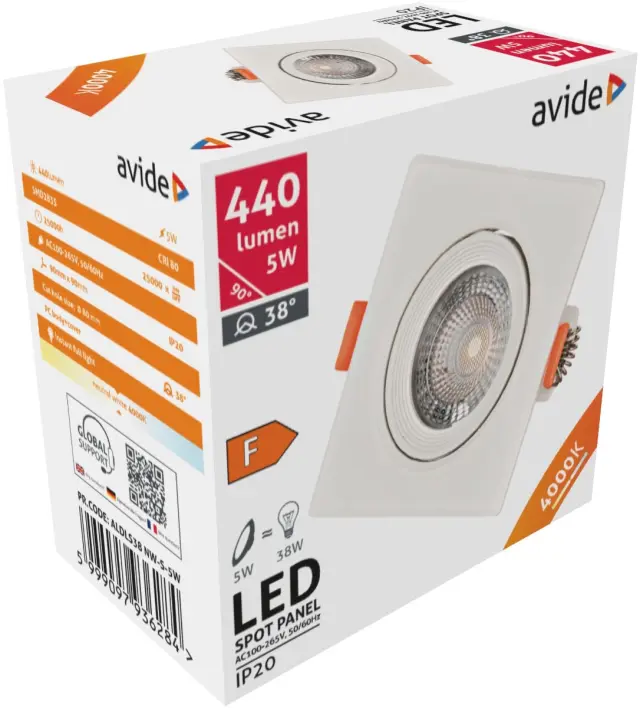 Avide LED Χωνευτό Σπότ 38° Τετράγωνο 5W Λευκό 4000K 15.001.0795