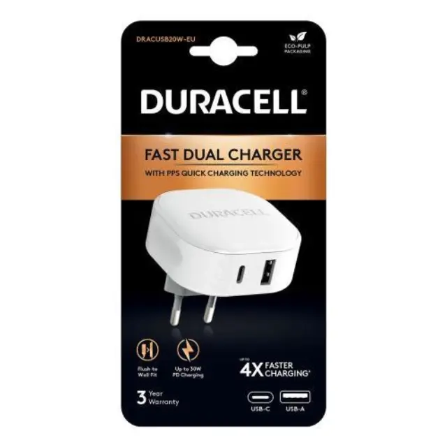 Φορτιστής Ταξιδίου Ταχείας Φόρτισης Duracell με Διπλή Έξοδο USB A & USB C PD 30W Λευκό N58588