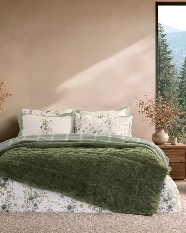 Κουβερτοπάπλωμα 180x240 Ημίδιπλο 720gsm Fleece-Sherpa Nima Snug Dark Green 100% Πολυέστερ