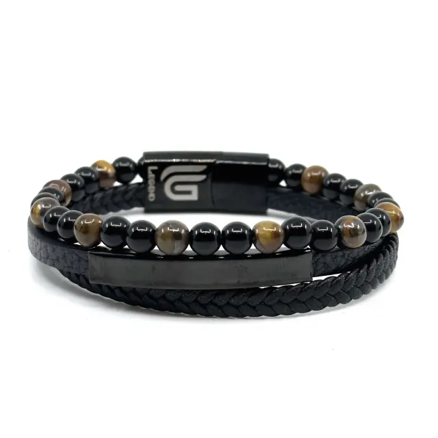 Tiger Eye Δερμάτινο Βραχιόλι με Ηφαιστειακές Πέτρες