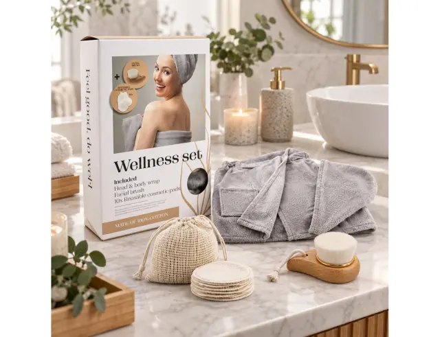 Σετ περιποίησης Fairtrade Wellness Box με πετσέτα, τουρμπάνι, βούρτσα και 10 σφουγγαράκια ντεμακιγιάζ 24950