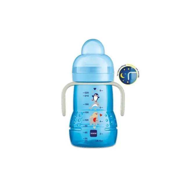 MAM Trainer+ Night Μπιμπερό-Ποτηράκι με Θηλή Σιλικόνης & Στόμιο, 4+ μηνών, Γαλάζιο, 220ml