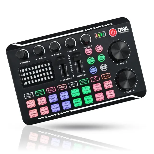 DNA STUDIO CARD rechargeable external sound card audio interface USB-C Bluetooth for live streaming podcasts voice recording karaoke 16 sound effects 8 voice presets 1200 mAh