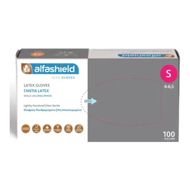 Alfashield Εξεταστικά Γάντια Latex Ελαφρώς Πουδραρισμένα Small 6-6,5 100τμχ
