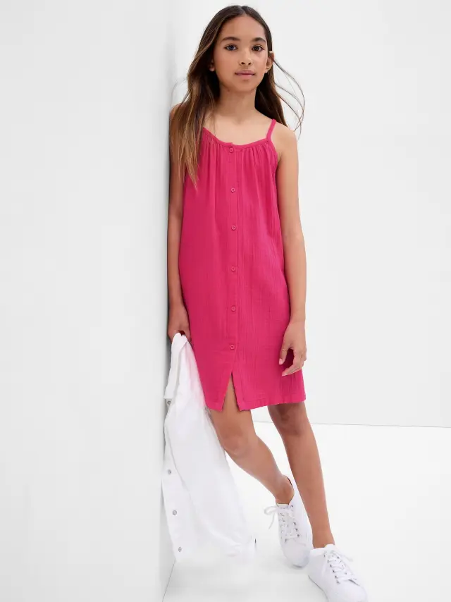 Ροζ Παιδικό Crinkle Gauze Button-Front Φόρεμα SIZZLING FUCHSIA - XS