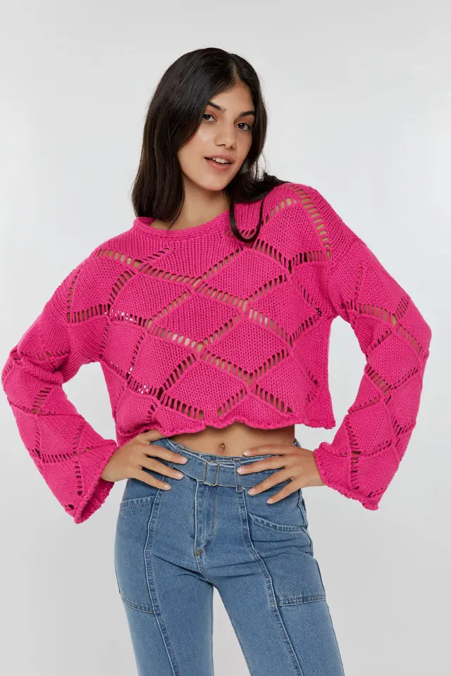 Crop Top Πλεκτό με Φαρδιά Μανίκια Φουξ