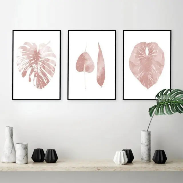 Θέμα (pink leaves 30) 3 Κάδρα 30Χ40 με κορνίζα ξύλινη μαύρη, τζαμί ματ , συνολικό έργο 90cm x40cm.