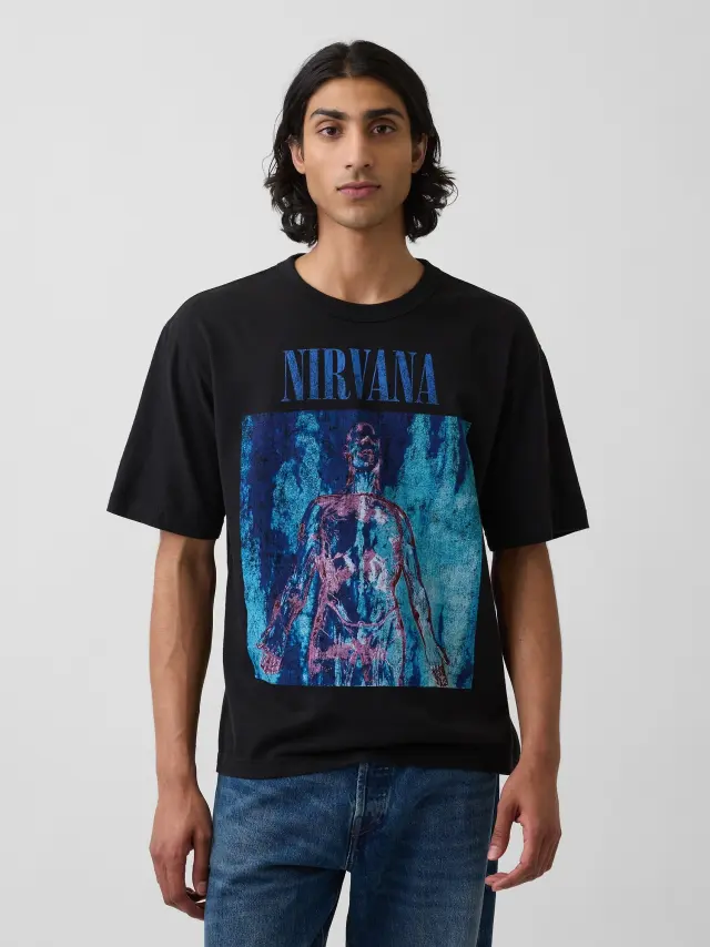 Ανδρική Μπλούζα με Τύπωμα Nirvana σε Cropped Γραμή true black