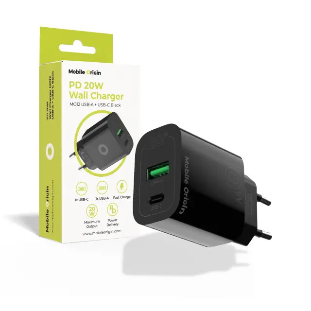Mobile Origin PD20W Wall Charger MO12, black 1 USB-A + 1 USB-C