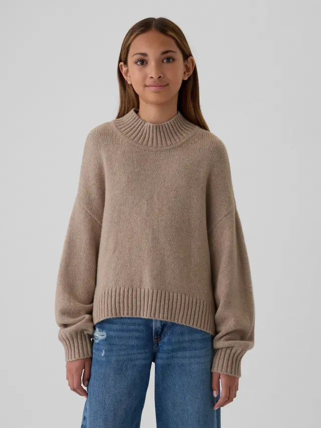 Μπεζ Παιδικό CashSoft Oversized Πουλόβερ με Μαο Λαιμόκοψη Oatmeal heather