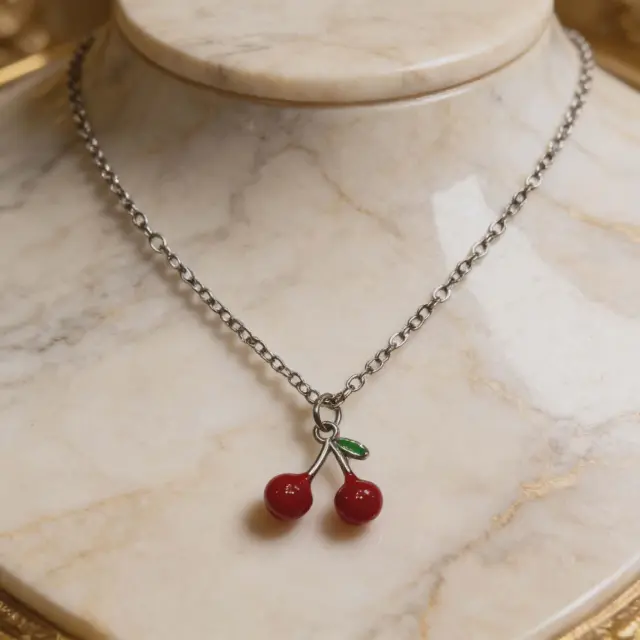 Cherry Pendant Necklace Silver Stainless Steel