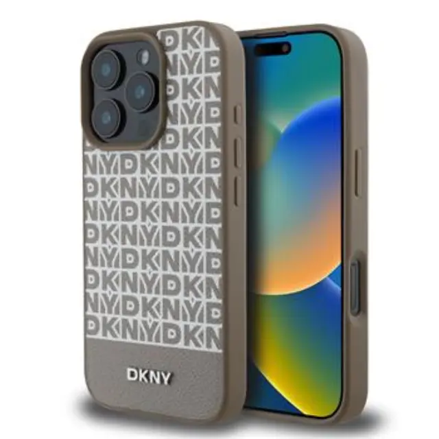 DKNY PU Leather Repeat Pattern Bottom Stripe MagSafe Case for iPhone 16 Pro Max Brown