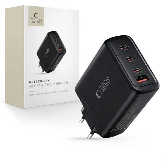 Tech-protect Nc140w-gan 4-port Network Charger Pd 140w / Qc3.0 Black