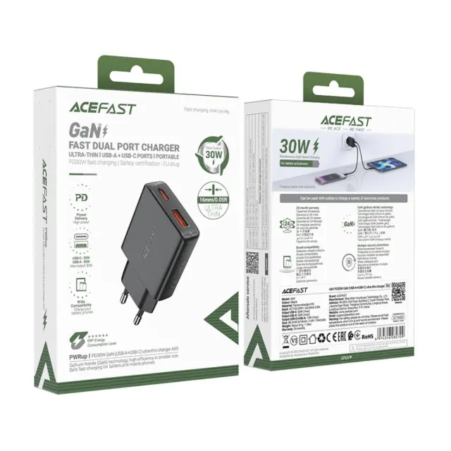 Φορτιστής Ταξιδίου Acefast A69 GaN Mini με 1xUSB-A + 1xUSB-C PD30W Μαύρος 2