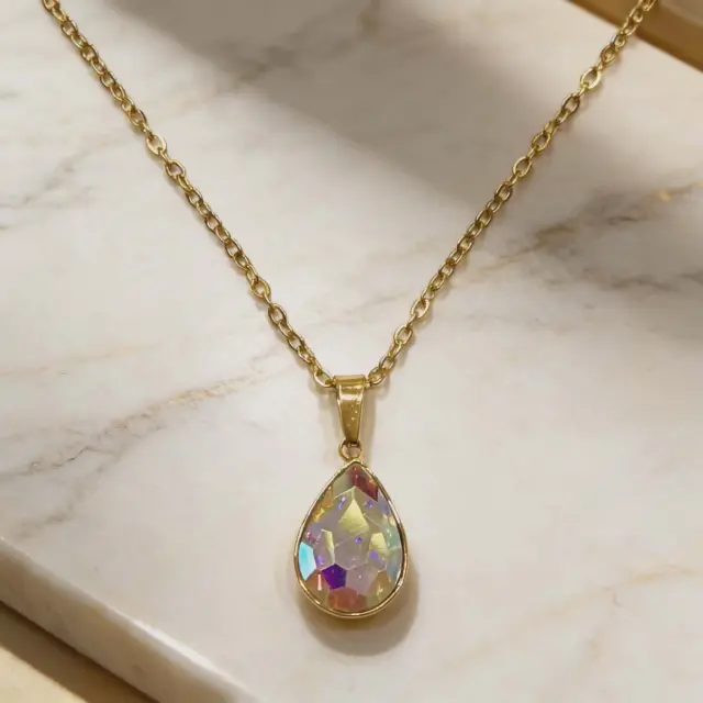 Iridescent Crystal Drop Necklace Gold Stainless Steel