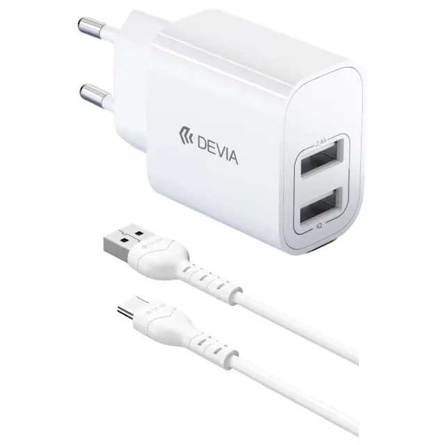 Φορτιστής Ταξιδίου Devia RLC-342 με Διπλή Έξοδο 2xUSB A 12W & Καλώδιο USB A σε USB C 1m Lite2 Λευκό N69933