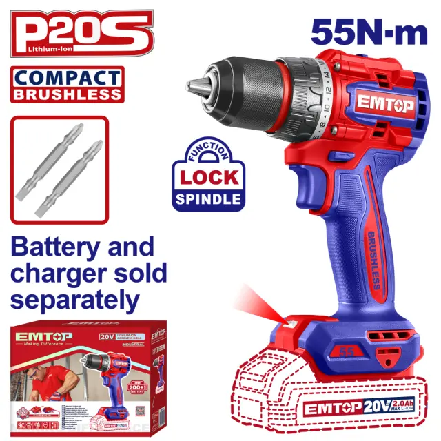 EMTOP BRUSHLESS ΔΡΑΠΑΝΟΚΑΤΣΑΒΙΔΟ ΜΠΑΤΑΡΙΑΣ ΛΙΘΙΟΥ 20V/55Νm ECDL205581