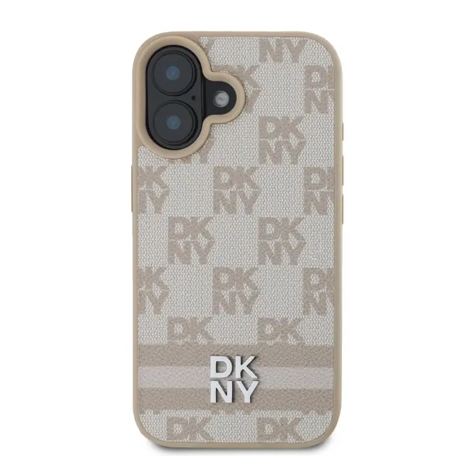 DKNY PU Leather Checkered Pattern and Stripe Case for iPhone 16 Pink 2