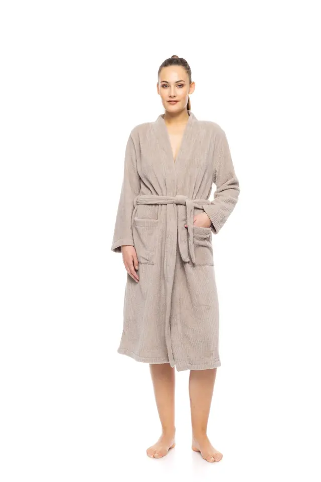 W1881 - Sand - ROBE LONG FLEECE STRIPE 3