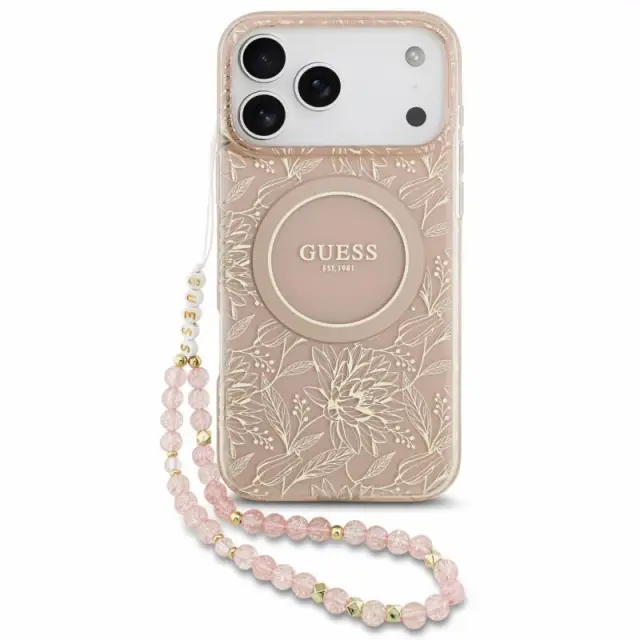 Θήκη PU/ Silicon Guess Apple iPhone 18 Pro Max/ 17 Pro Max Magsafe IML Flowers με Pearl Strap Ροζ N71756