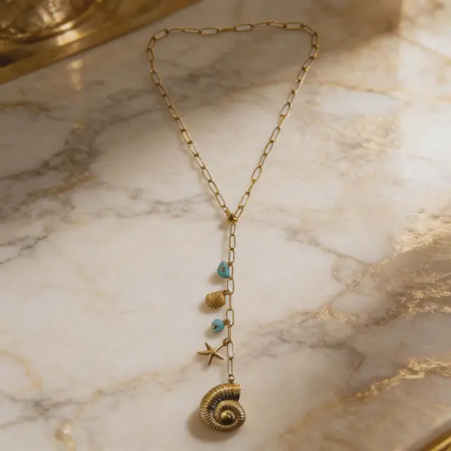 Chain Necklace with Ocean Charms & Turquoise Stones
