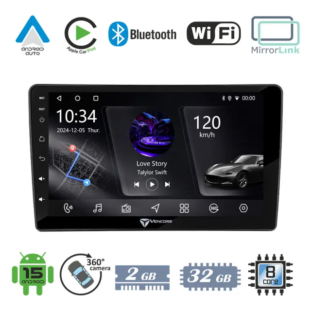 VenCore Οθόνη Multimedia Android 15 9" PX5S Octa-Core 2GB/32GB IPS με Πρόσοψη, CarPlay, Android Auto και Υποστήριξη Κάμερας 360° για Opel Combo C 2002-2010 – Μαύρη (3236-10005-0798B4)