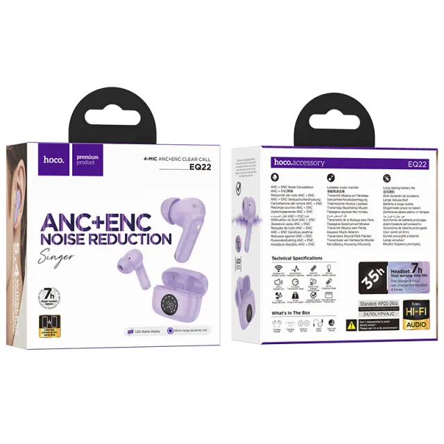 Wireless Hands Free Hoco EQ22 Singer TWS ANC ENC V5.4 400mAh με 7 Ώρες Λειτουργίας και Εναλλαγή Master/Slave Μωβ 2