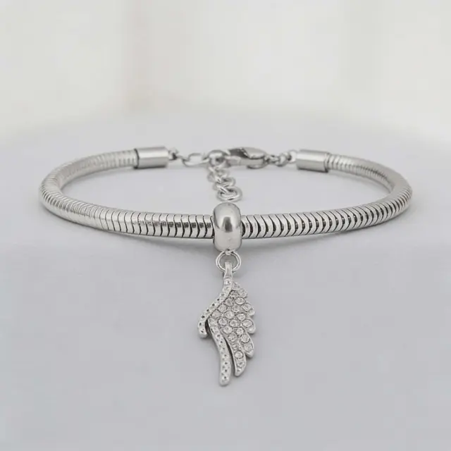 Silver Snake Chain Bracelet with Feather Charm