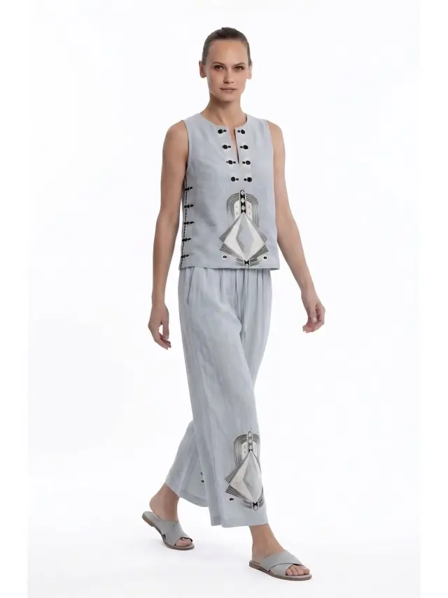 Nema Resortwear Κεντητό Παντελόνι Ramie Γκρι - L