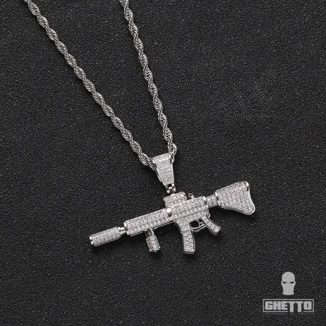 Ghetto Gun Pendant Necklace Bling Iced Diamond Silver