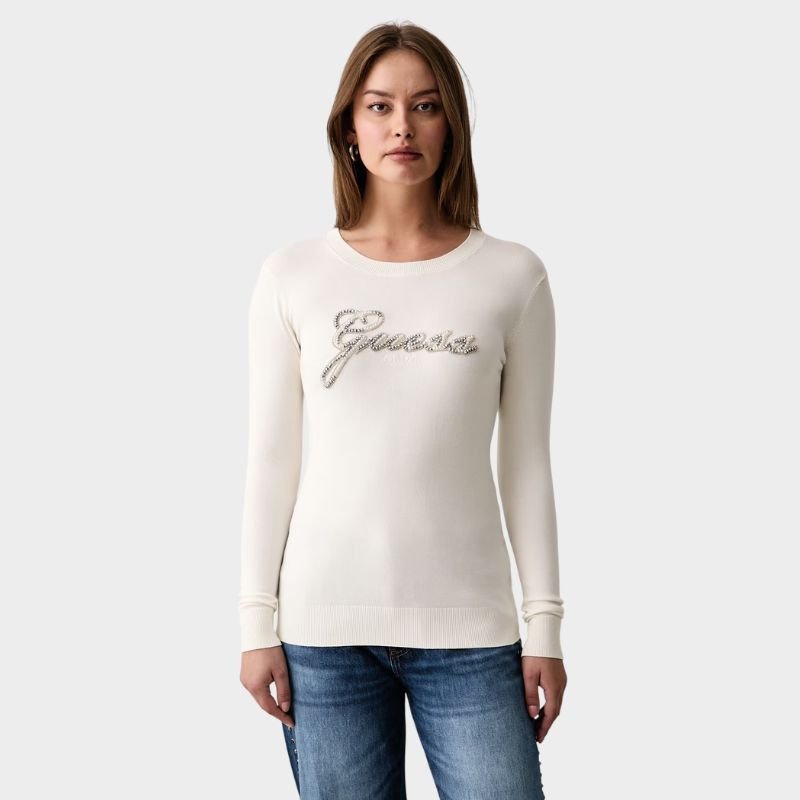 Guess - Γυναικείο Πλεκτό Πουλόβερ με Χάντρες W6BR53Z1454-G012 Λευκό - 2XL
