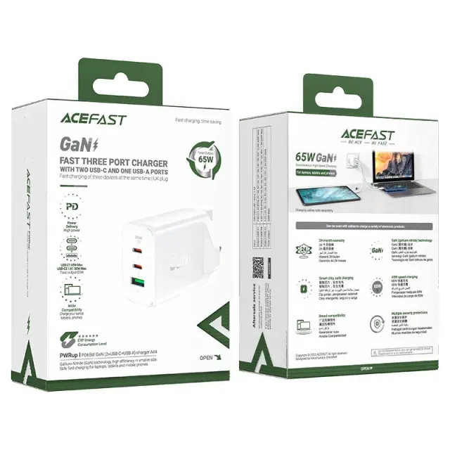 Φορτιστής Ταξιδίου Acefast A44 Fast Charging 2xUSB-C PD65W USB-A GaN Λευκός με UK Plug 2