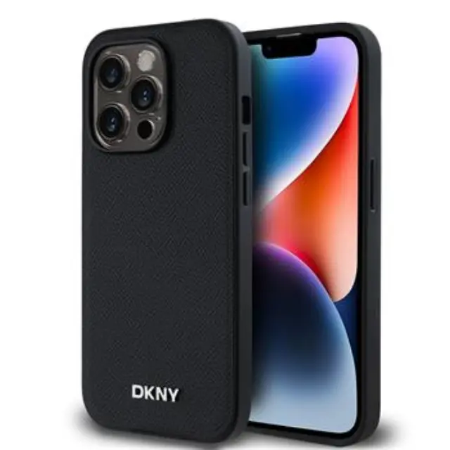 DKNY PU Leather Silver Metal Logo Magsafe Case for iPhone 14 Pro Max Black