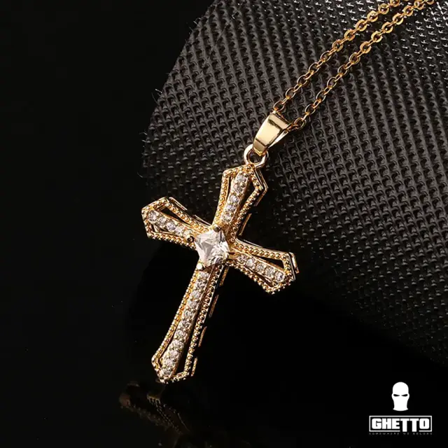 Ghetto CZ Full Diamond Gold Plated Cross Pendant Necklace 3