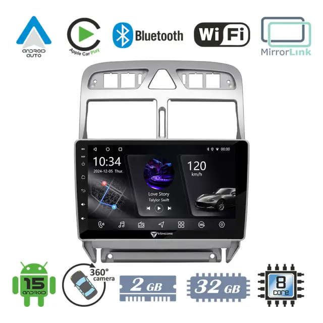 VenCore Οθόνη Multimedia Android 15 9" PX5S Octa-Core 2GB/32GB IPS με Πρόσοψη, CarPlay, Android Auto και Υποστήριξη Κάμερας 360° για Peugeot 307 2002-2008 – Ασημί (3236-10005-0655S)