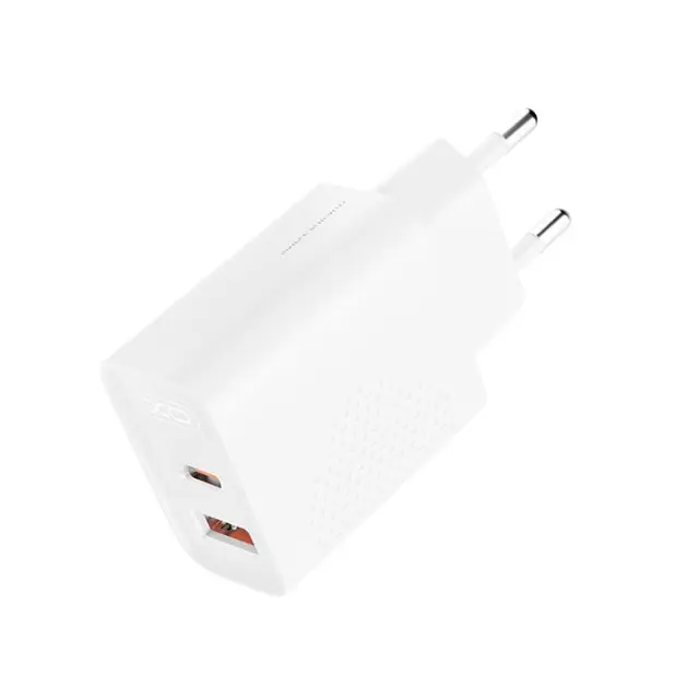 Universal φορτιστής με 2 εξόδους, 1x USB-A & 1x USB-C, PD20W / QC18W, σε λευκό χρώμα