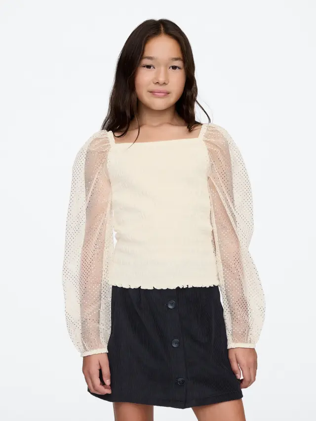Παιδικό Smocked Puff Sleeve Τοπ Ivory frost