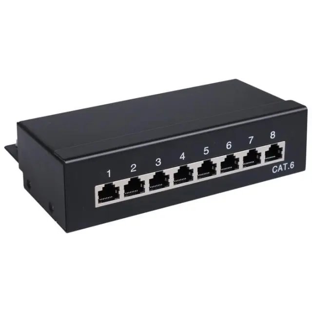 Patch panel κατηγορίας CAT 6 STP, 8 θυρών σε μαύρο χρώμα.