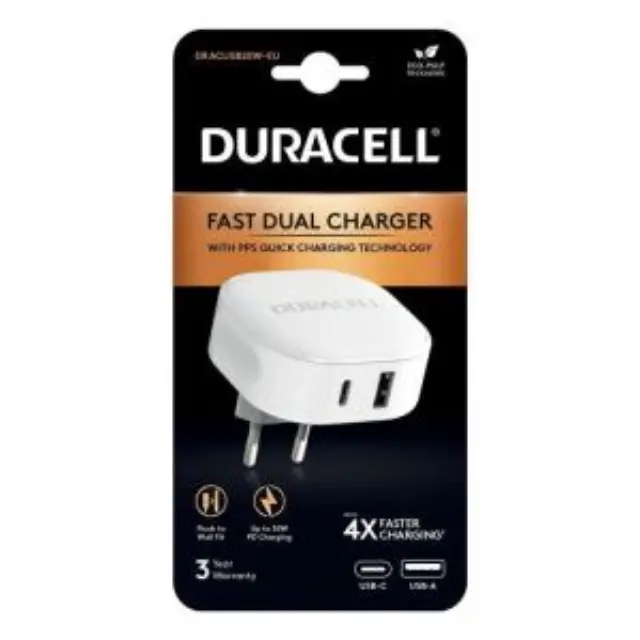 Φορτιστής Ταξιδίου Ταχείας Φόρτισης Duracell με Διπλή Έξοδο USB A & USB C PD 30W Λευκό N58588 2