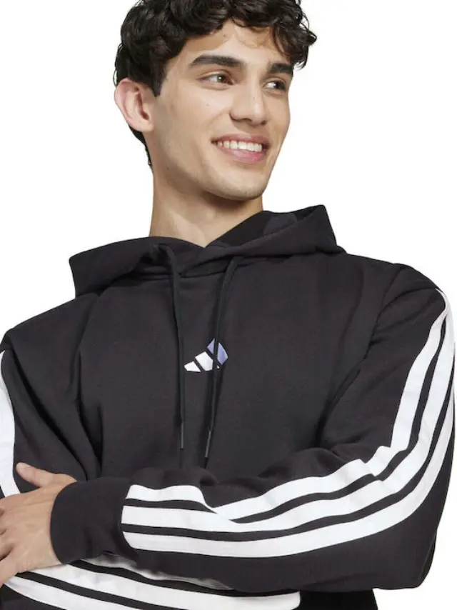 adidasEssentials 3-Stripes Φούτερ Fleece με Κουκούλα Μαύρο - M 3