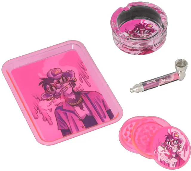 Monkey King Try Kit Σετ Ροζ με Δίσκο, Grinder, Πιπάκι και Σταχτοδοχείο 3