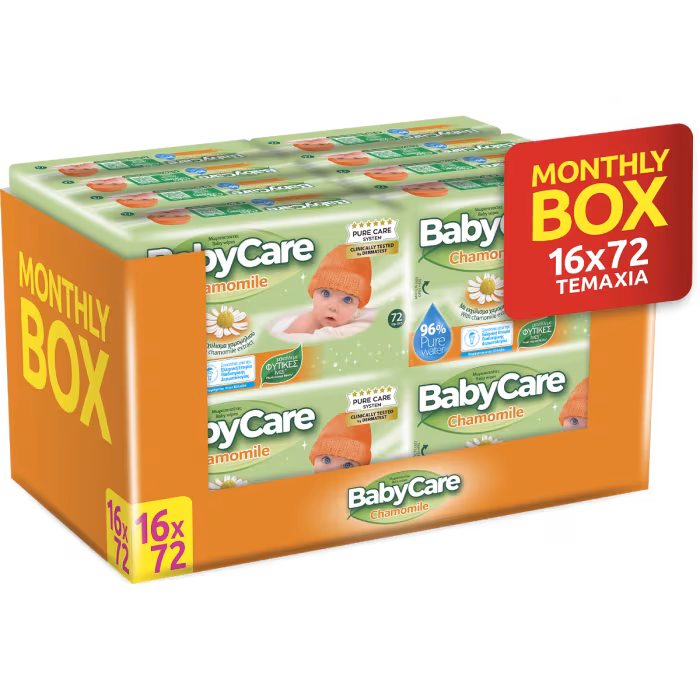 BABYCARE Baby Wipes Chamomile Pure Water Μωρομάντηλα με Εκχύλισμα Χαμομηλιού 16 συσκευασίες x 72τεμ