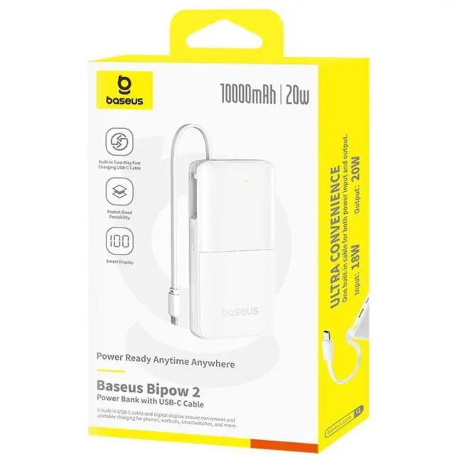 Baseus® Bipow 2 Digital Display Powerbank 10000mAh 20W with Built-In USB-C Cable- White
