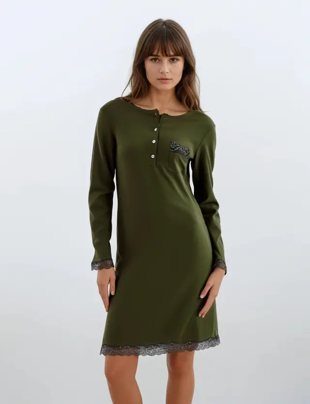 W907_1 - Oil Green - NIGHTGOWN BLACK FLOWERS