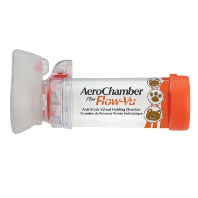 Trudell AeroChamber Plus Flow-Vu With Small Mask (0-18 Months) Bρεφικός Aεροθάλαμος Eισπνοών με Mάσκα (0-18 Μηνών) με πορτοκαλί χρώμα 1τμχ. Αεροθάλαμος με βαλβίδα AeroChamber Plus με δείκτη εισπνοών Flow-Vu Anti-Static.