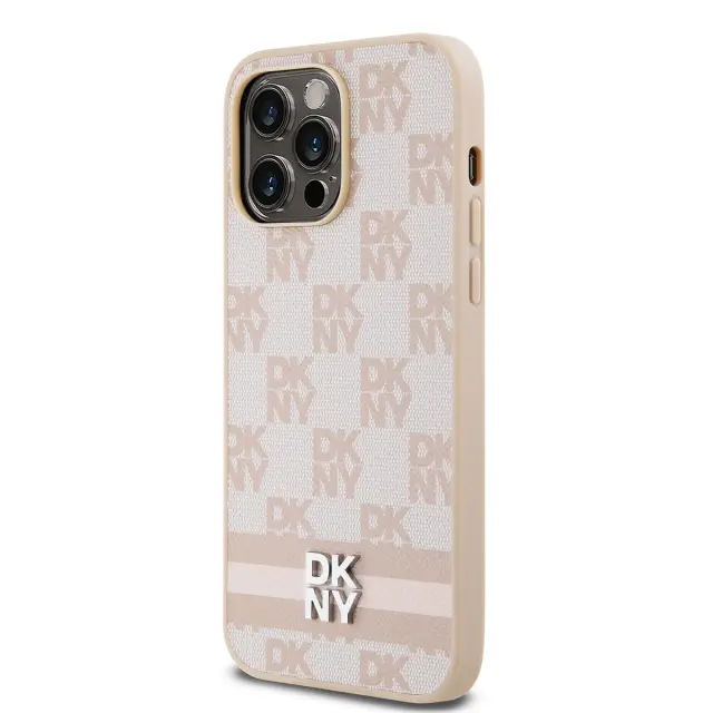 DKNY PU Leather Checkered Pattern and Stripe Case for iPhone 15 Pro Max Pink 3