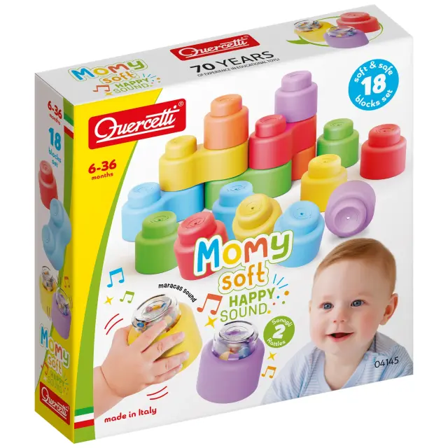 Quercetti Μαλακά Τουβλάκια με 2 Κουδουνίστρες Momy Soft Happy Sound 18τμχ (6-36 μηνών) 04145